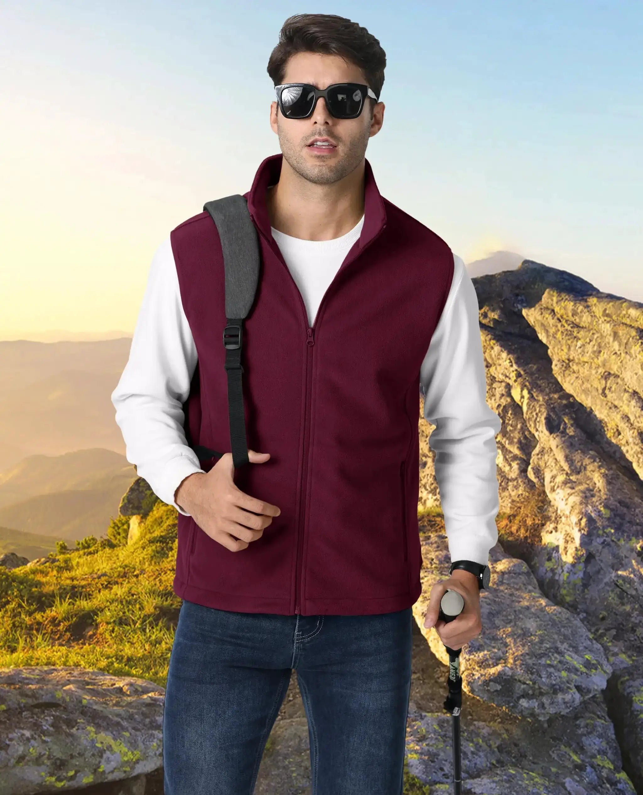 TACVASEN men's fleece vest jacket in burgundy with a stand collar, sleeveless outdoor waistcoat