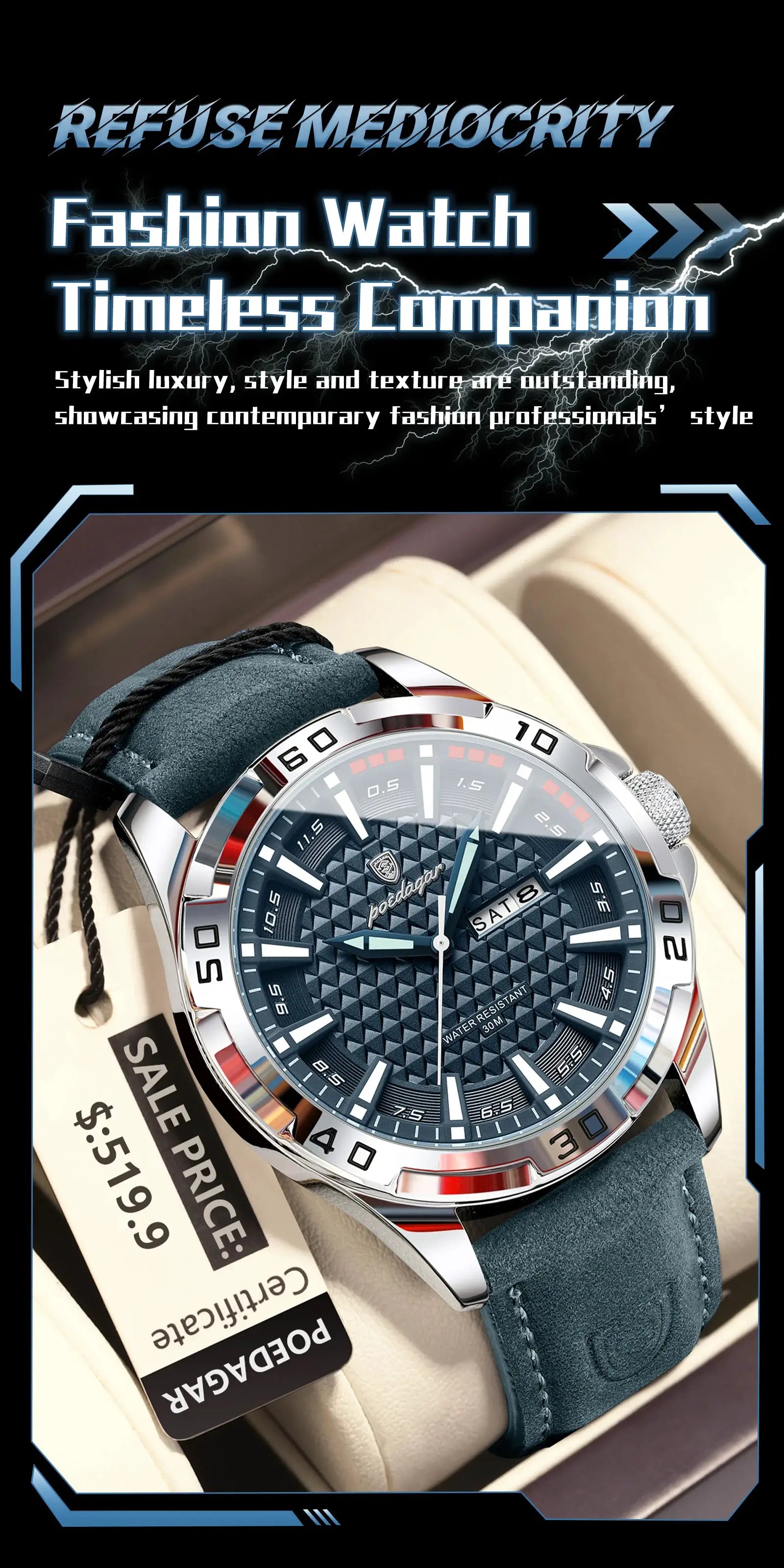 POEDAGAR men's wristwatch with blue textured dial, luminous hands, date window, water resistant 30M, leather strap