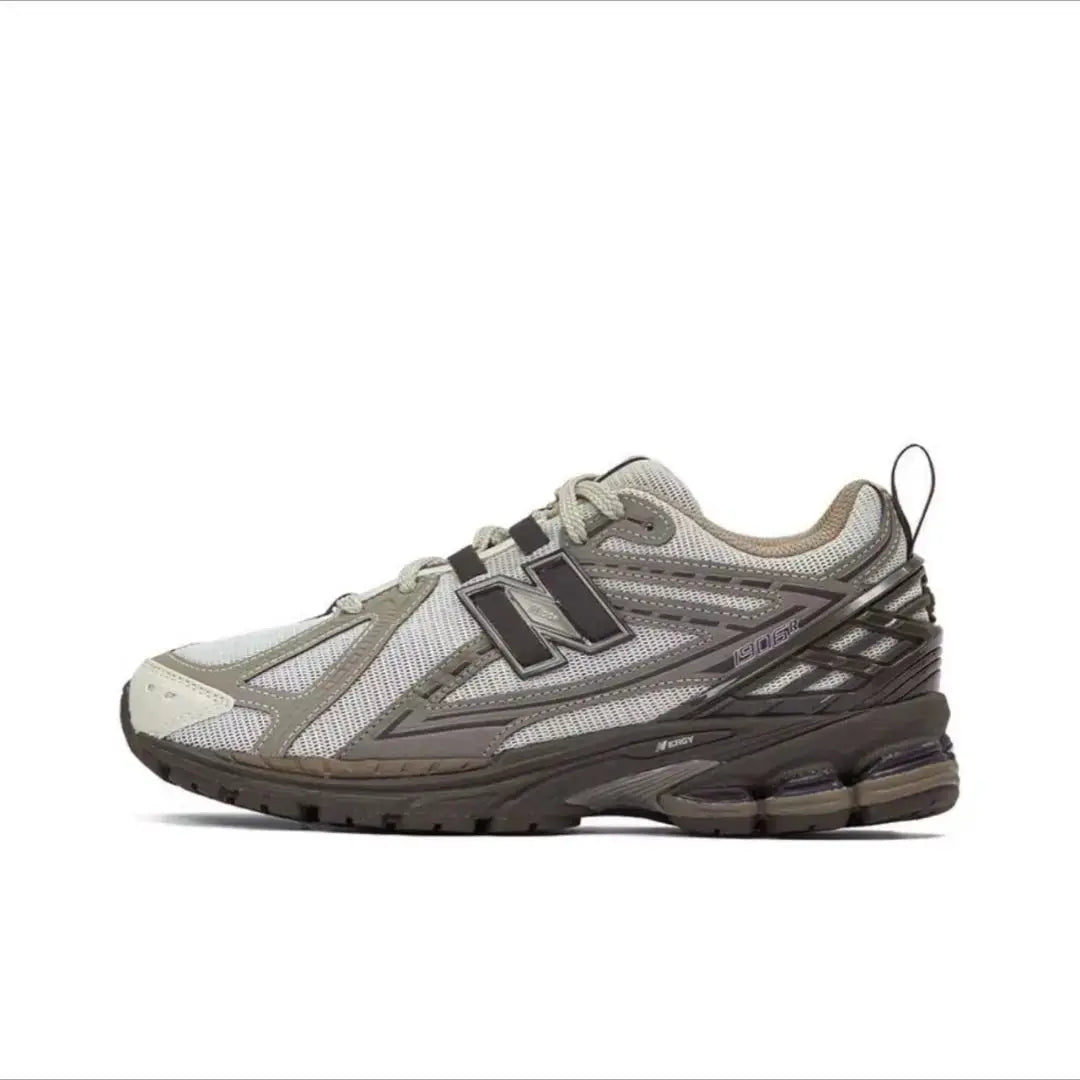 1906R retro dad shoes by Simples Market; grey mesh upper with olive overlays, NB-inspired running sneakers
