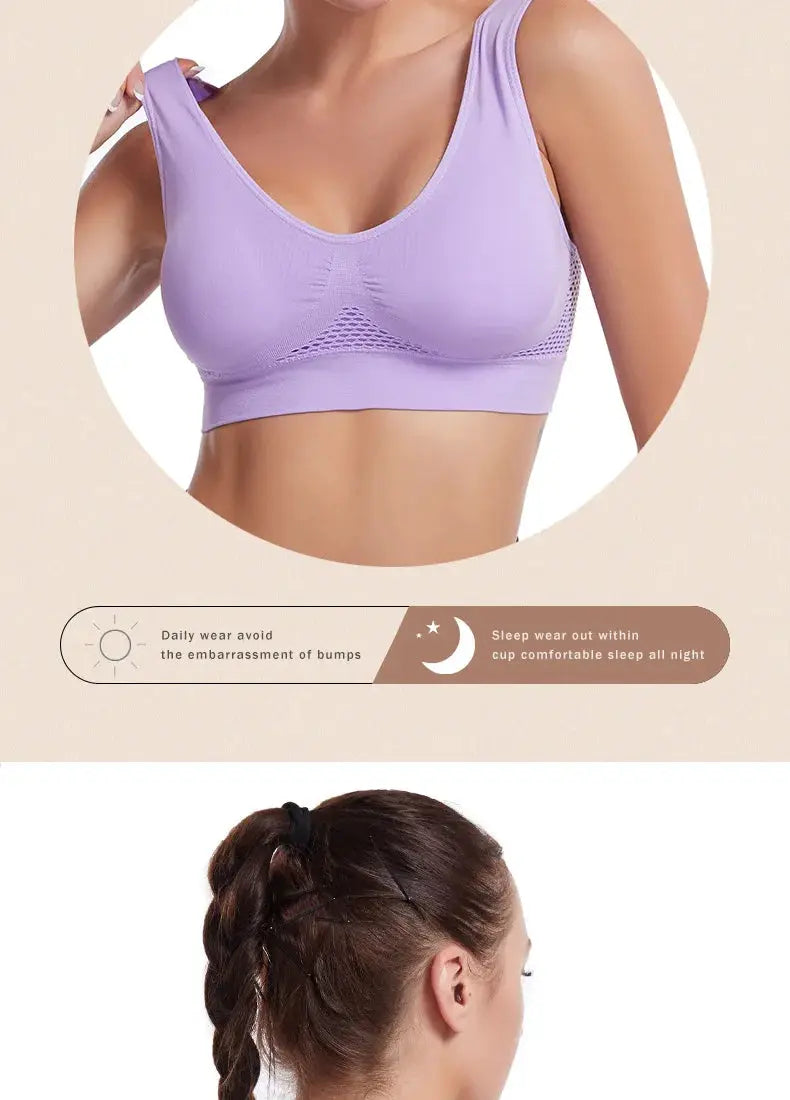 Simples Market S-7XL Plus Size Grid Air Holes Bra lavender wireless sports bra with mesh panels