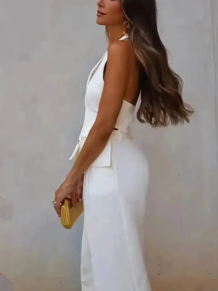 HH Women Pant Suit Set Halter Vest Blazer Top Zipper Pants Office Lady