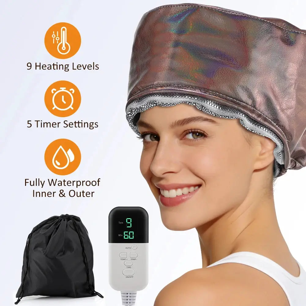 Simples Market 9-level metallic bronze electric hair heating cap, waterproof thermal treatment hat with remote control and carry bag