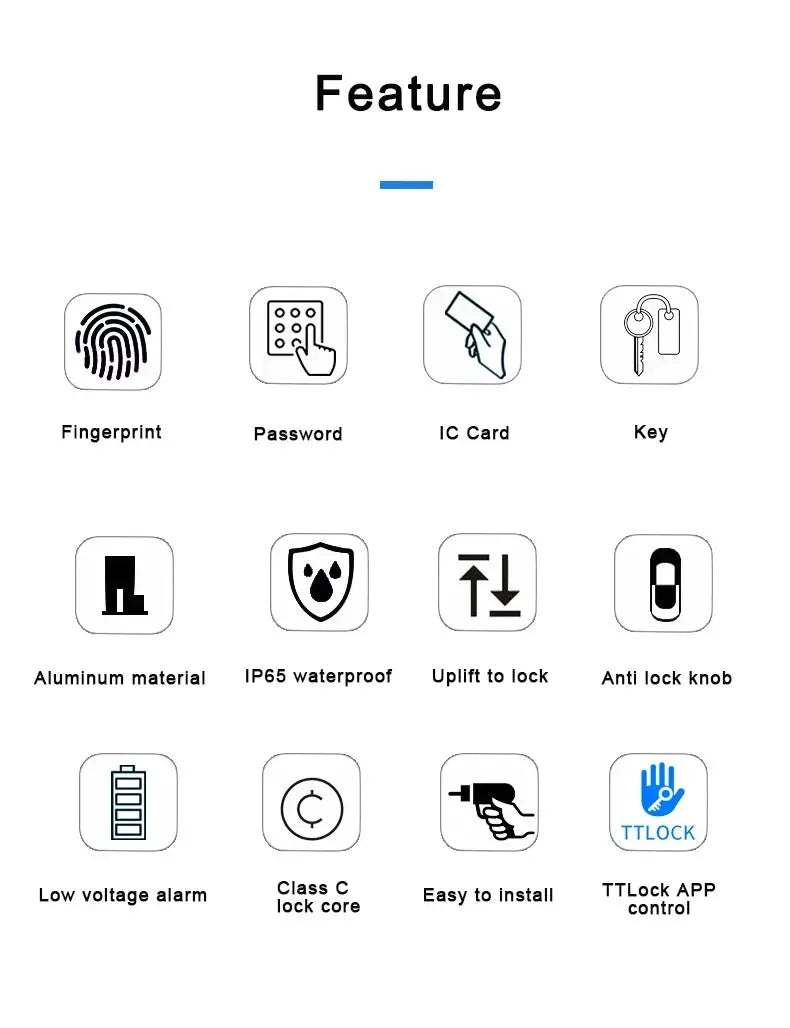 Waterproof sliding door smart lock by Simples Market; aluminum, fingerprint, password, IC card and TTLock app control.