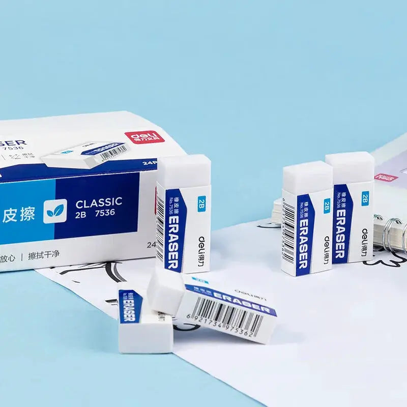 Deli 2B erasers set, white cube erasers with blue labels from Simples Market