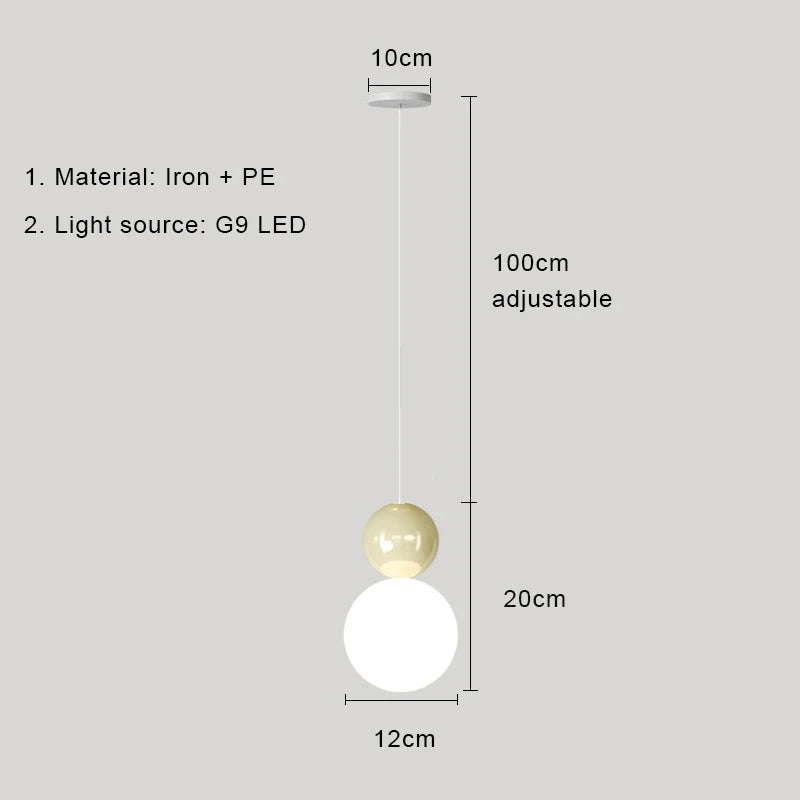Nordic pendant light with cream top globe and white bottom globe, iron + PE, G9 LED bulb, adjustable cord up to 100 cm