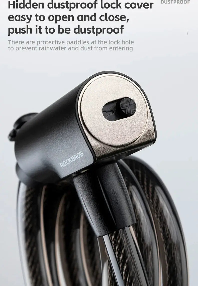 ROCKBROS bicycle lock with keys; zinc alloy round lock head and black coiled cable