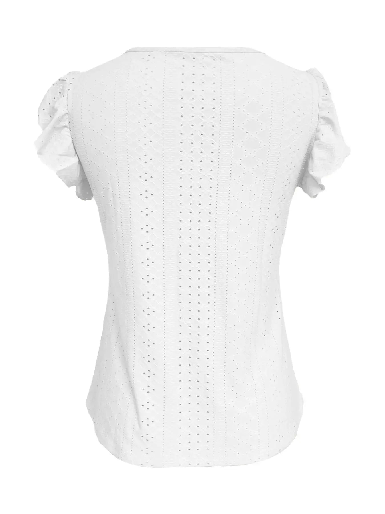 White eyelet blouse with puff short sleeves, back view, casual women's top by Simples Market