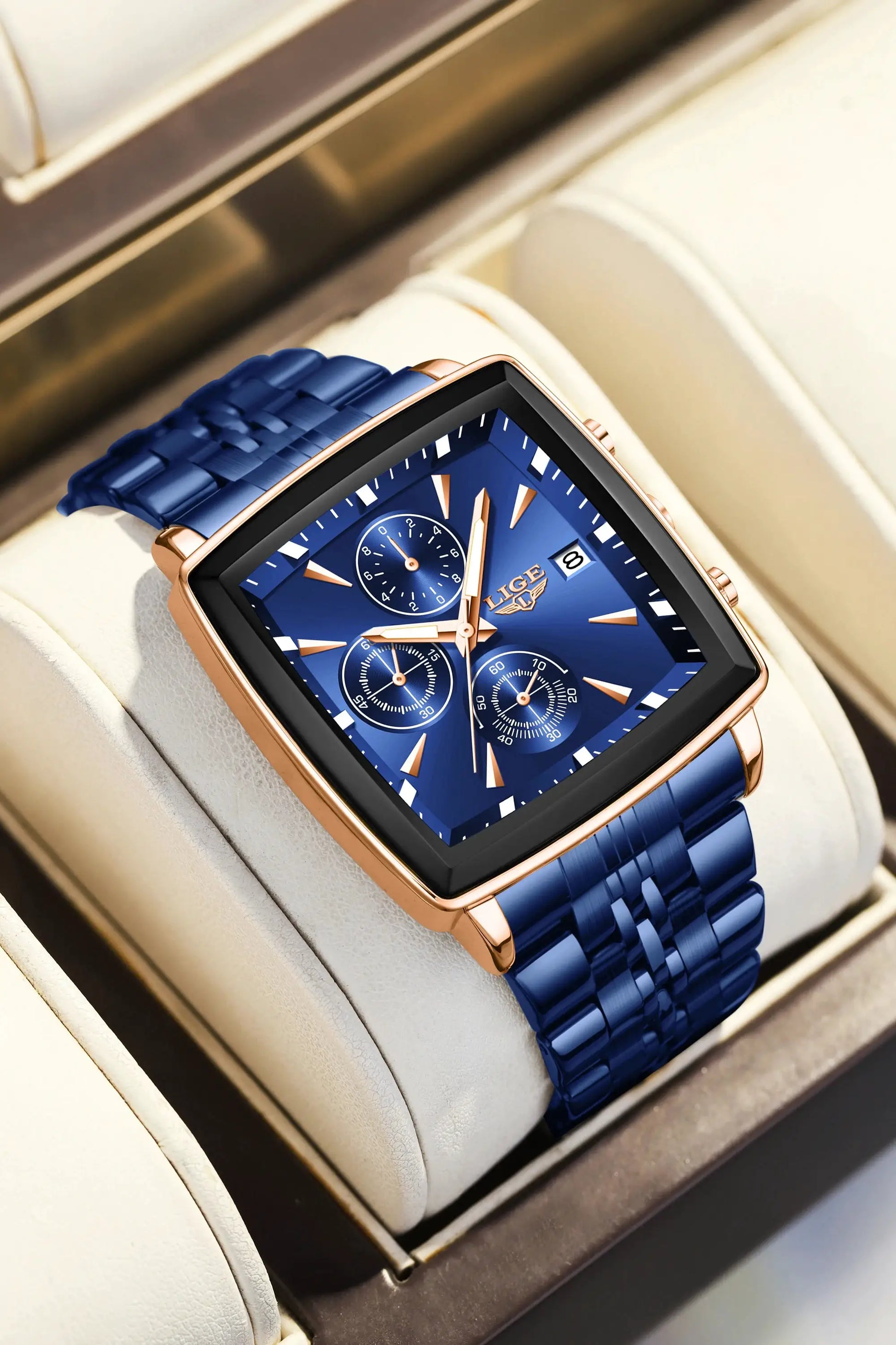 LIGE men's luxury square-dial watch with blue stainless steel band and rose-gold case, date window.