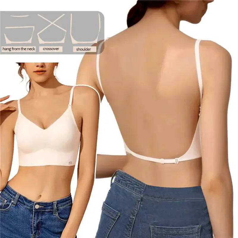Women’s nude invisible bra with deep U plunge and backless design; strapless push-up lingerie shown from front and back.
