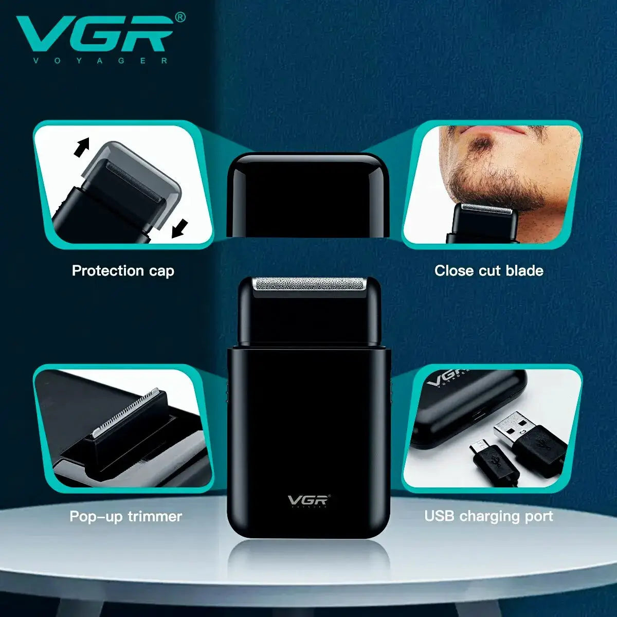 VGR electric shaver USB-charge beard trimmer in black with protection cap and pop-up trimmer