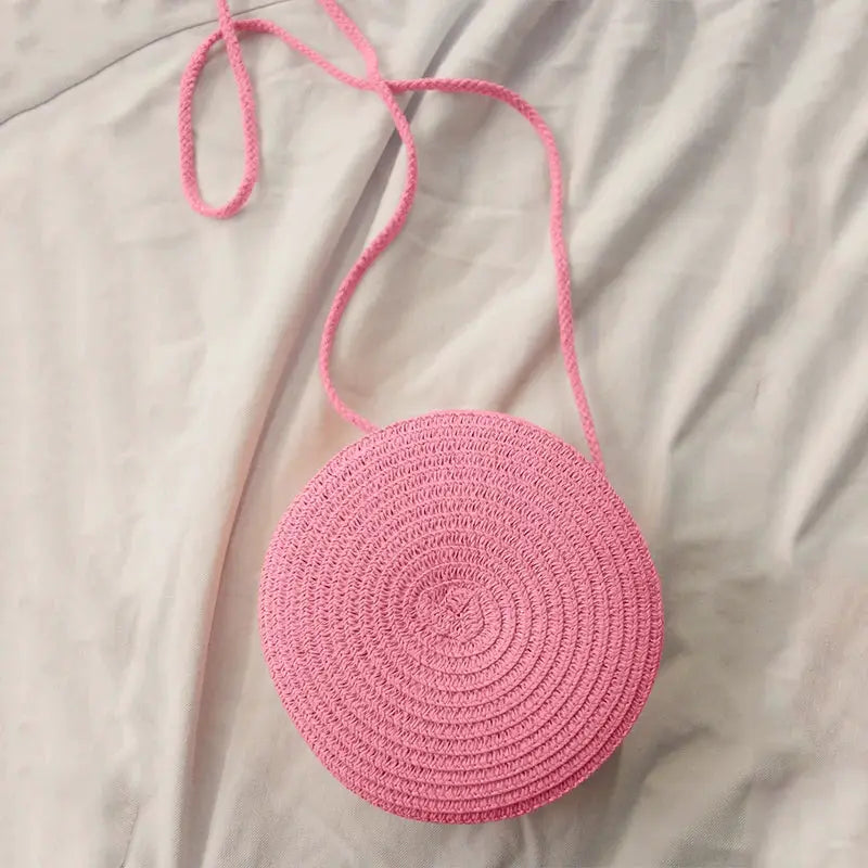 Summer Round Straw Bag for Women Handmade Woven Shoulder Bag Travel Rattan Beach Crossbody Bag