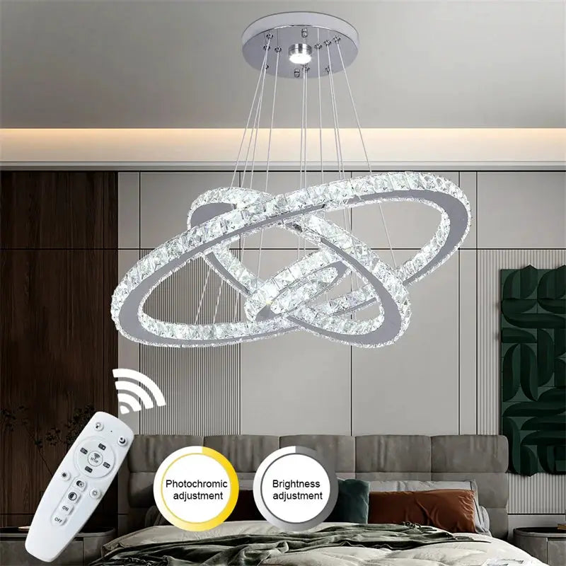 Modern crystal ring LED chandelier with intertwined rings, chrome finish, remote dimming for indoor lighting