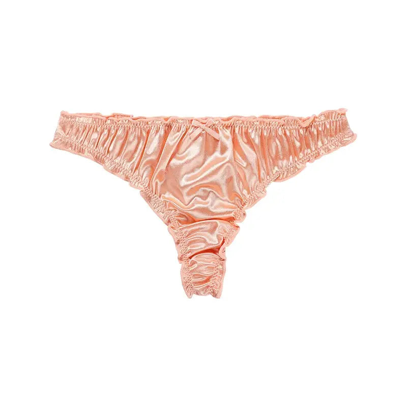 Women’s satin ice silk thong with frill trim in peach, seamless no-show underwear