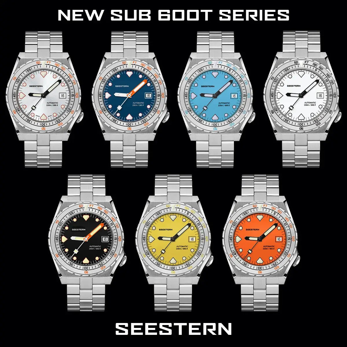 SEESTERN Sub 600T diver watches: eight stainless steel automatic divers with assorted dial colors.
