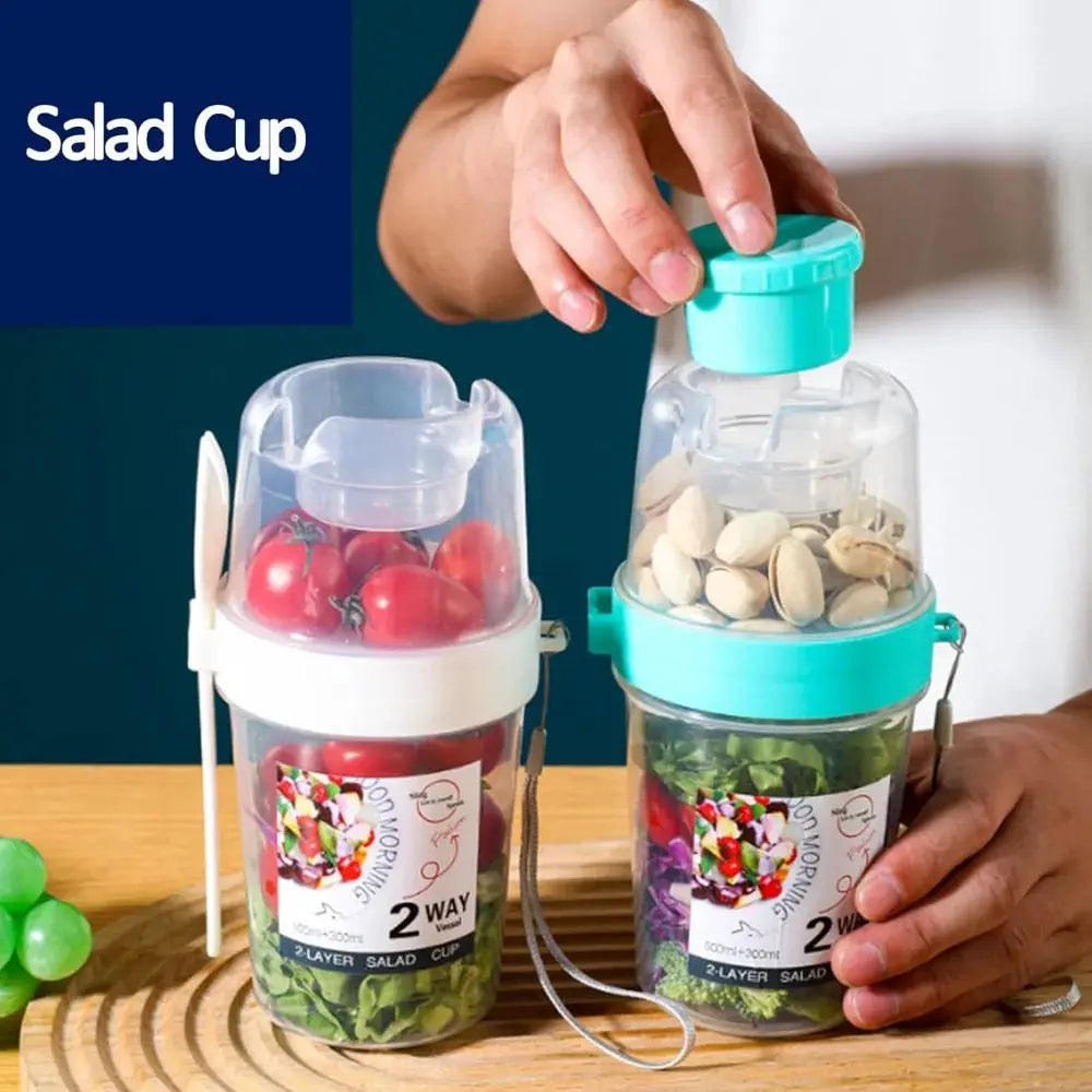Three Compartment Meal Prep Container With Forks Leakproof Portable For Breakfast Salad Parfait Dressing Jar