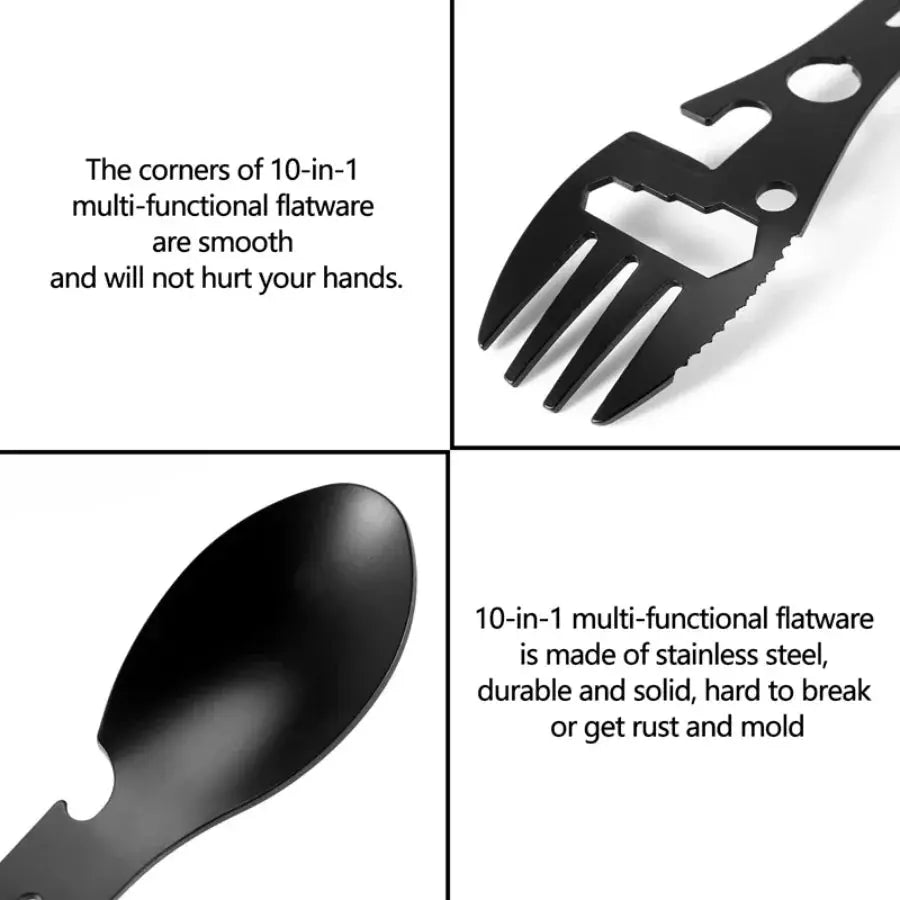 Black stainless steel 10-in-1 multi-function flatware camping tool with fork, spoon and bottle opener