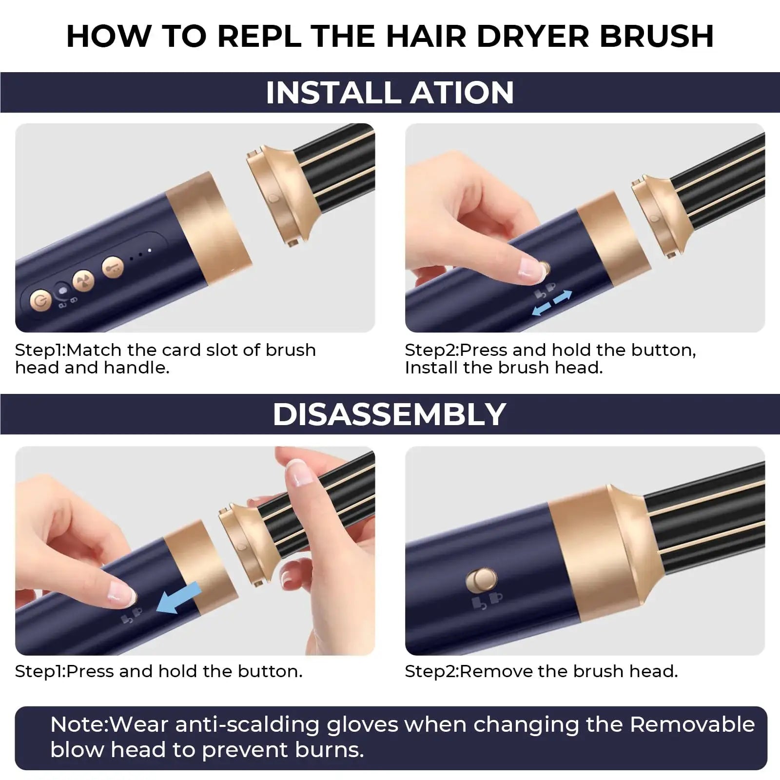 Simples Market 7-in-1 hair dryer brush with detachable head, navy blue and gold.