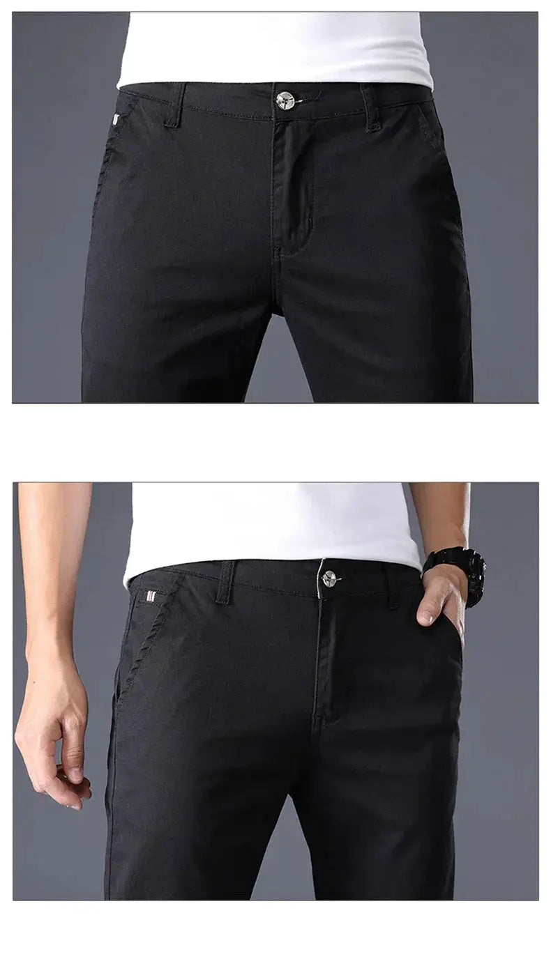 Simples Market men's black cotton casual pants, slim-fit straight-leg design.