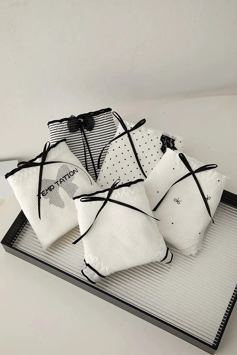 Simples Market M-XL six-piece white lace panties set with black bow ribbons; striped and polka-dot seamless briefs