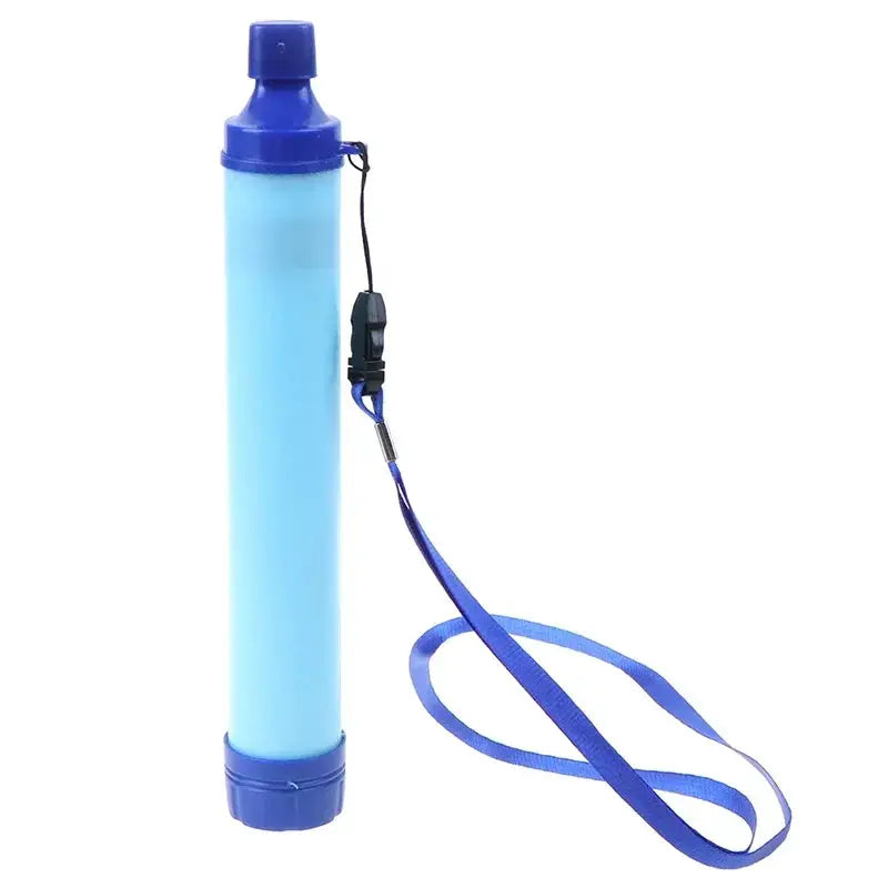 Portable emergency survival water filter straw with blue plastic body and strap