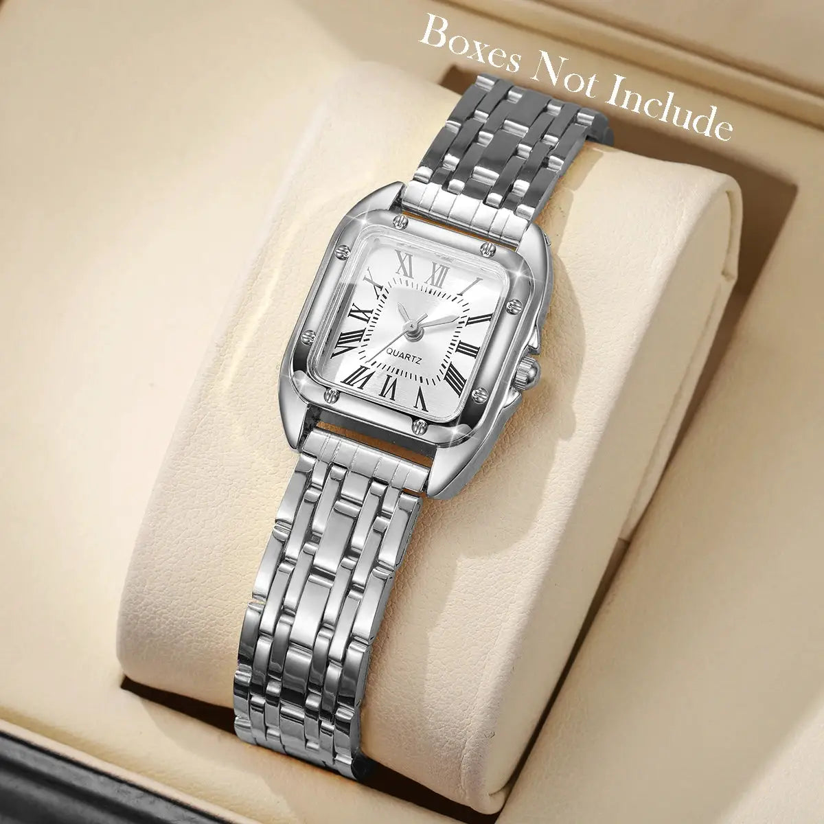Simples Market luxury square women's quartz watch; silver-tone stainless steel bracelet with Roman numeral Roma dial