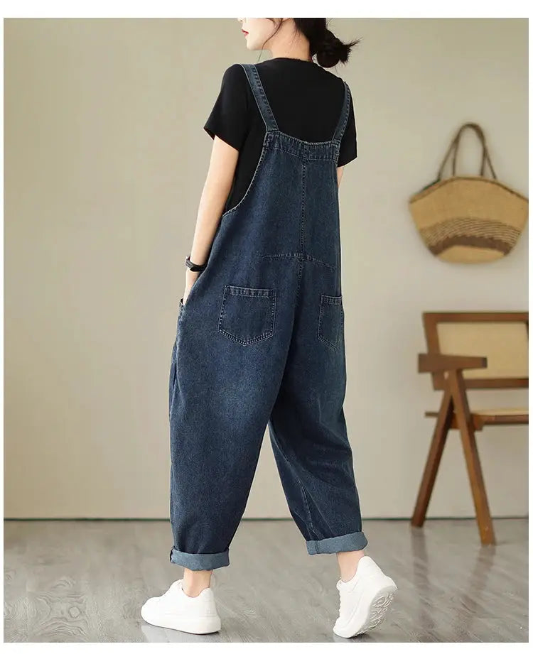 Women's blue denim overalls with suspenders, loose fit, back patch pockets, rolled cuffs by Simples Market
