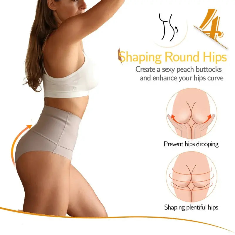 Simples Market large-size seamless high-waist shapewear briefs in ice silk beige for butt lifting