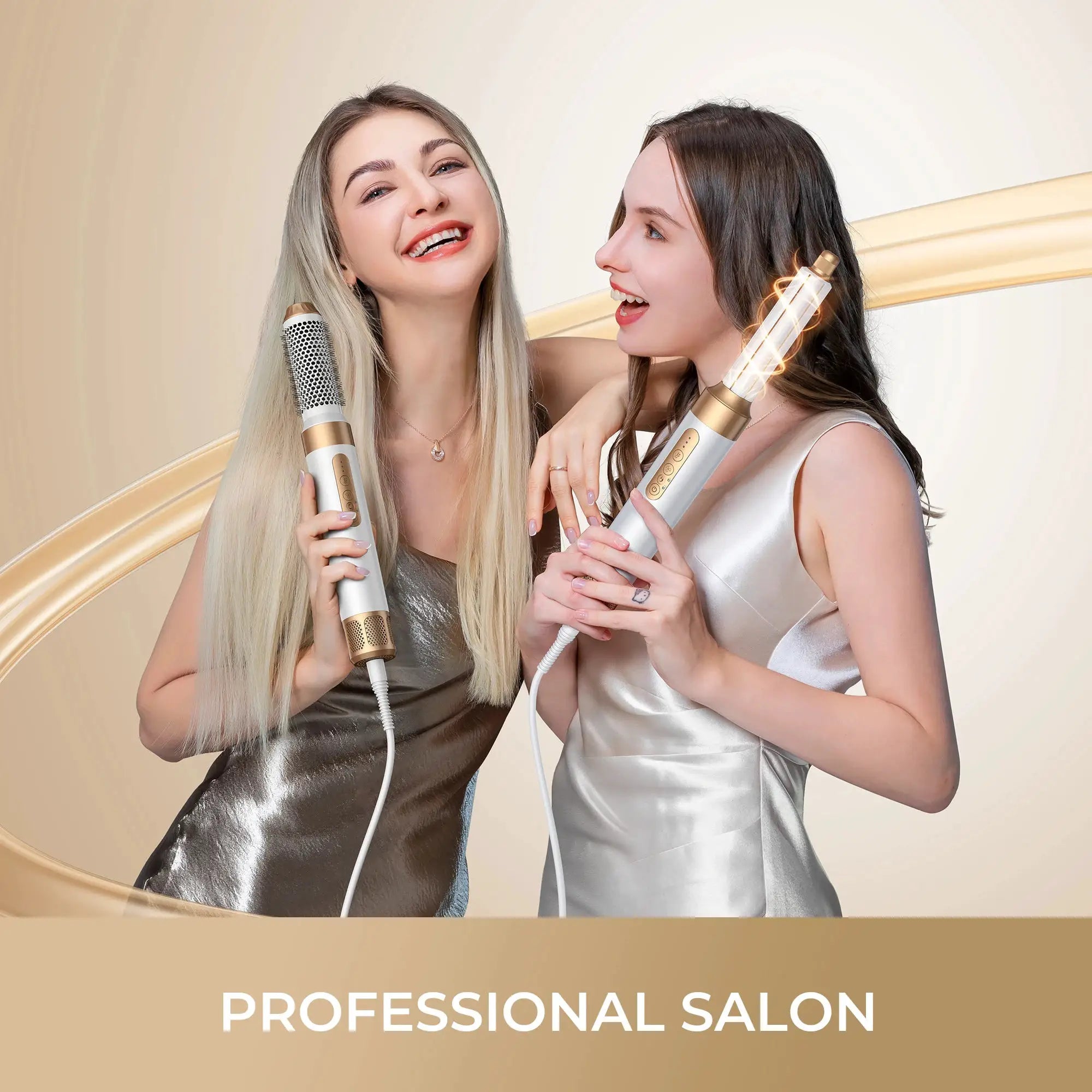 7-in-1 hair dryer brush with diffuser by Simples Market; gold and silver finish, held by two smiling women