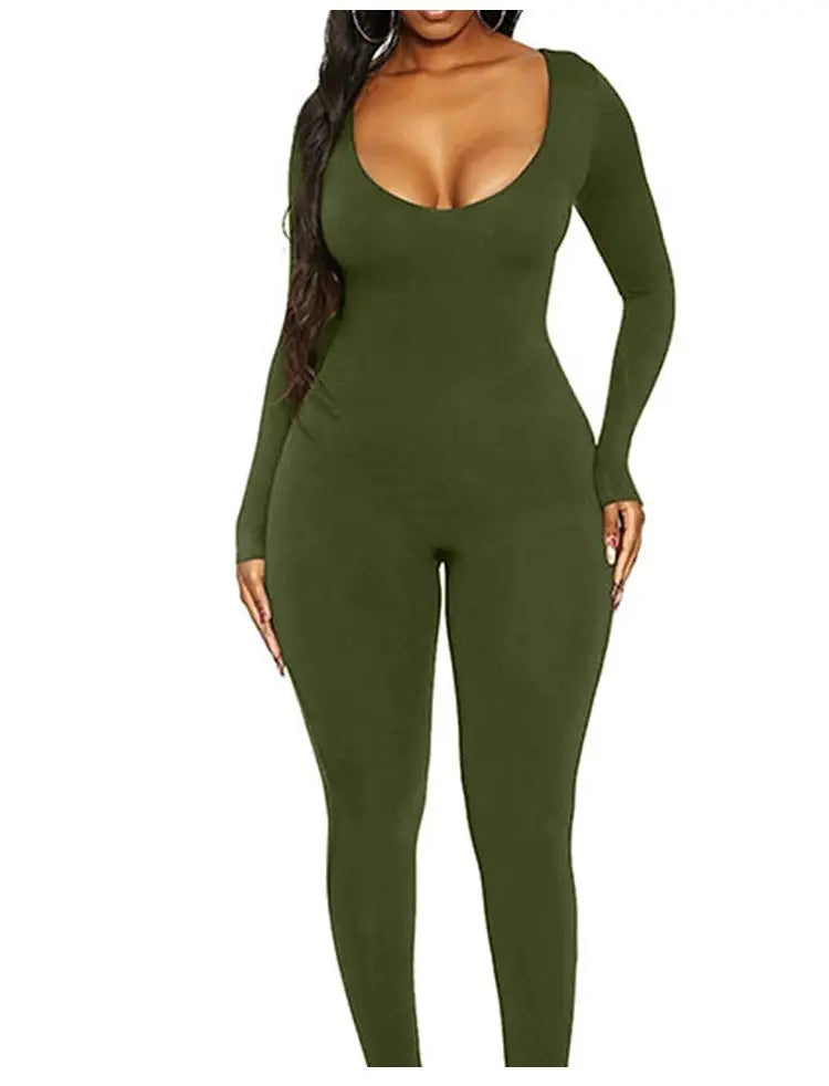 Women's olive green long-sleeve jumpsuit, solid color, skinny fit, pullover style for spring and summer