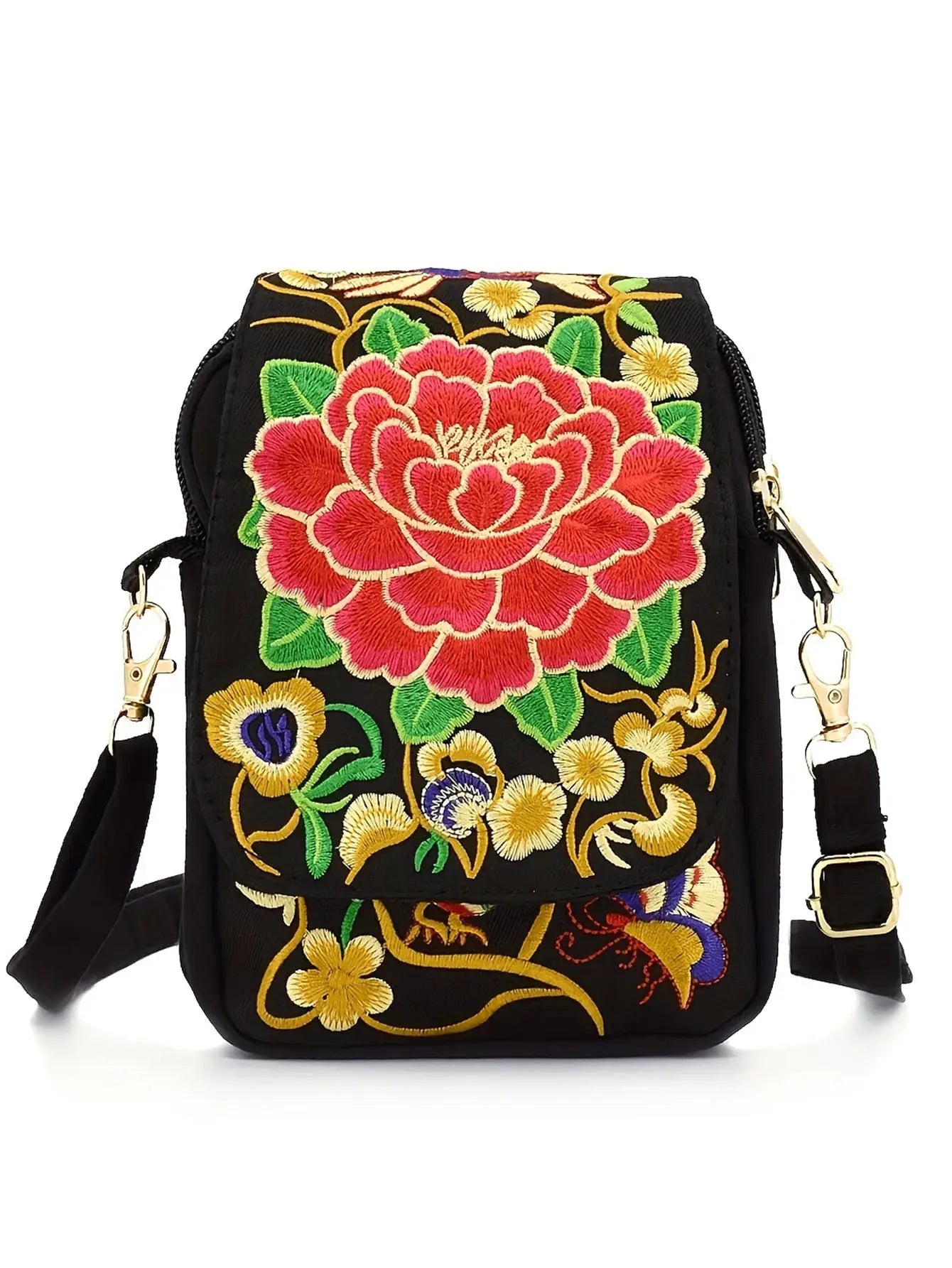 Simples Market stylish women's embroidered crossbody phone bag; black canvas with large red floral embroidery