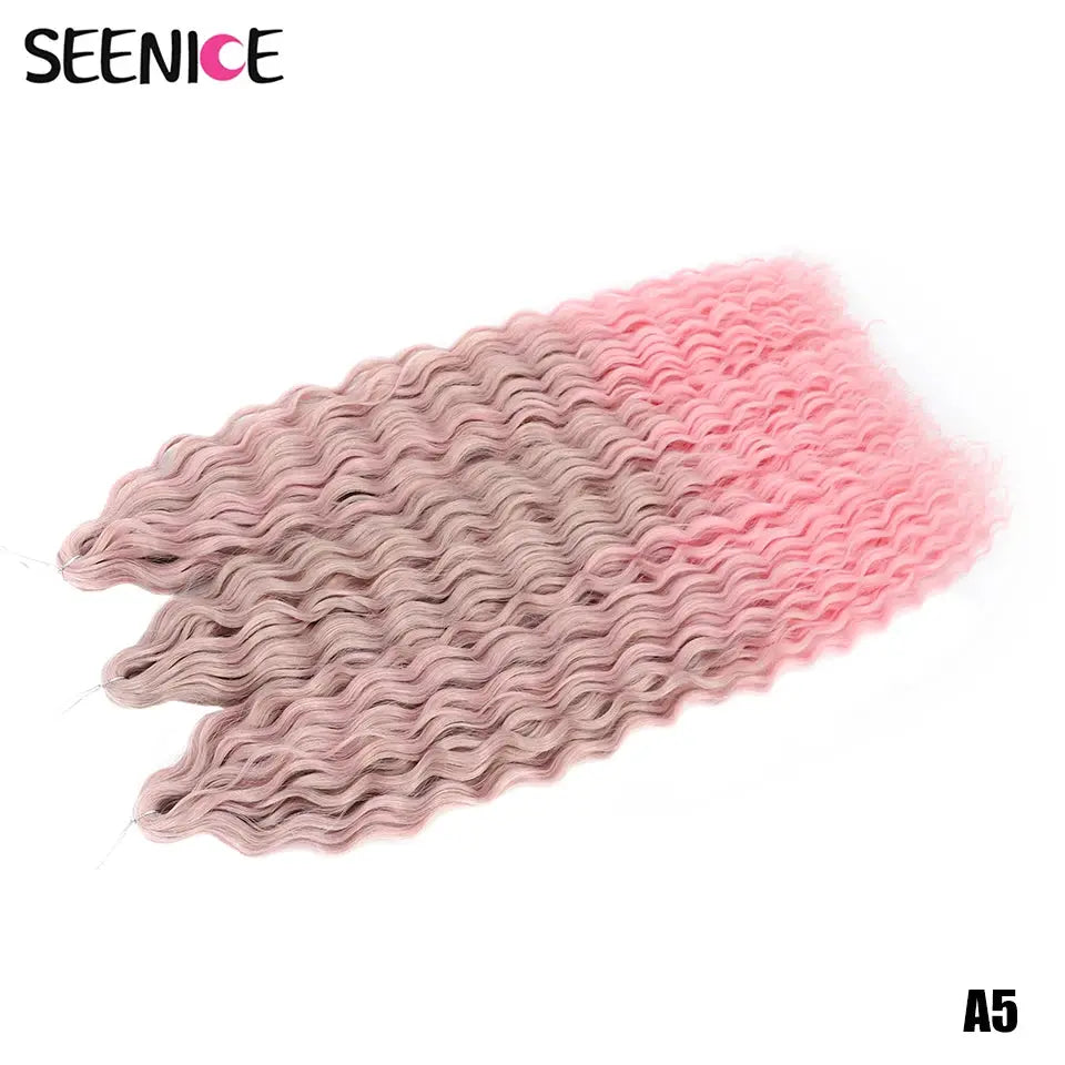 Ariel Curl Water Wave crochet hair extensions, pink ombre 22in, deep twist Afro curls; Simples Market; SEENICE logo visible.