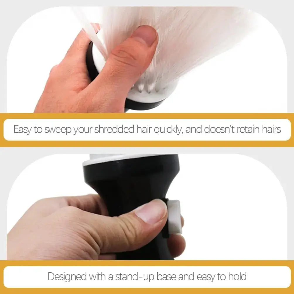 Hair cutting neck brush by Simples Market with white bristles, black handle, and stand-up base