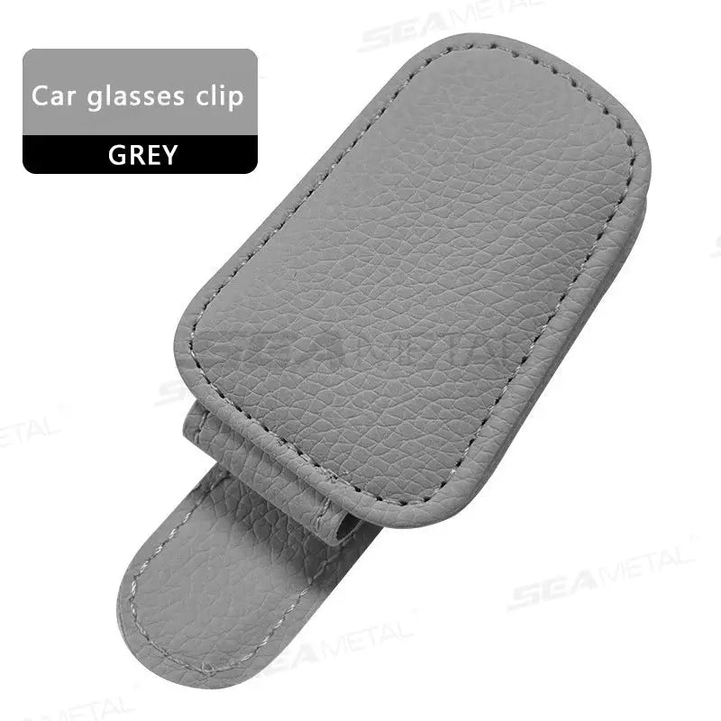 BLALION car visor clip glasses case, grey PU leather, durable sunglasses holder with sturdy stitch detail