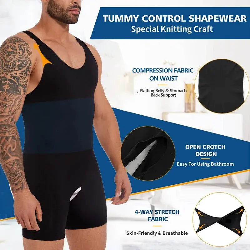 Simples Market men’s full-body shapewear sleeveless compression bodysuit in black/blue with open crotch design