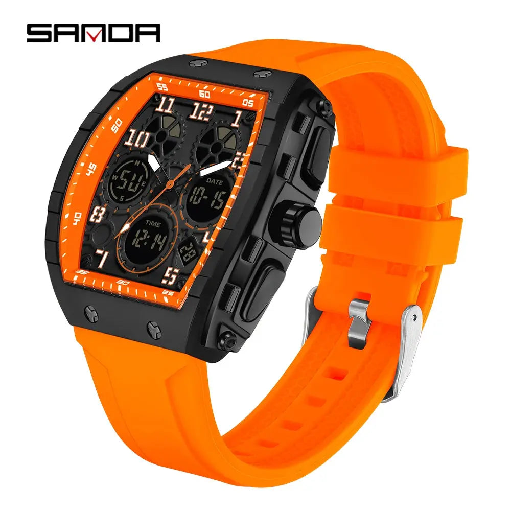 SANDA Tonneau Dial Digital Watch for Men Military Sport Dual Time Analog Digital LED Waterproof Wrist Clock