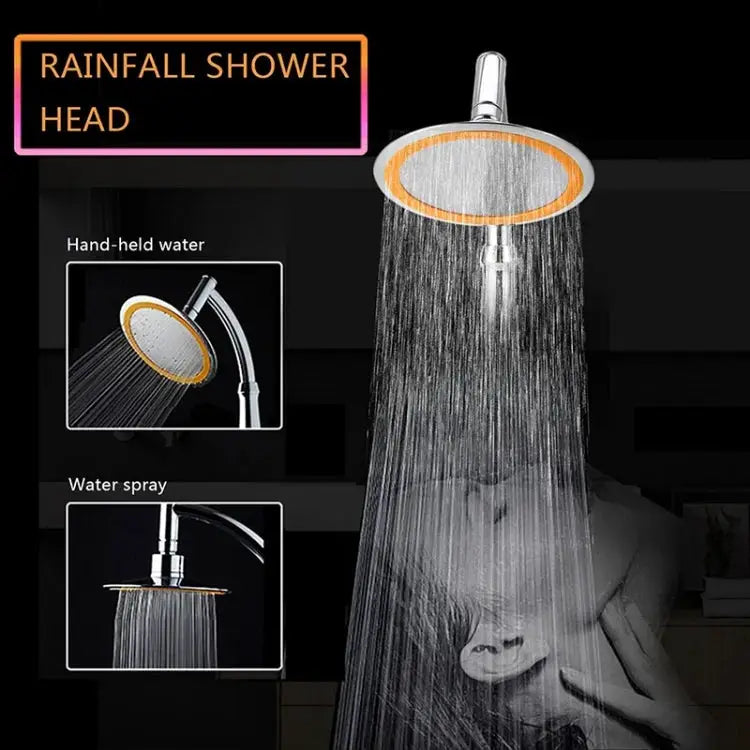 6-inch round rainfall shower head with orange ring, high-pressure spray and handheld attachment