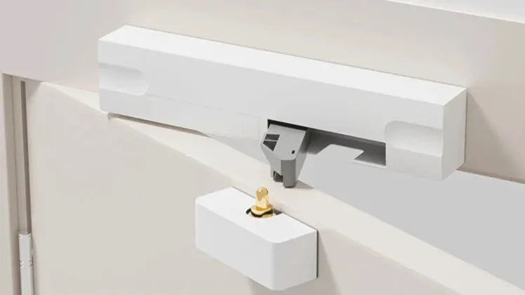 Door closer stopper, white automatic door closer mounted on door edge with metal arm