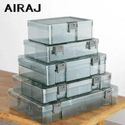 AIRAJ clear plastic tool parts boxes, five stacked grid storage cases with metal latches.