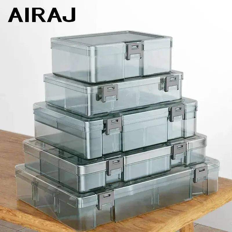 AIRAJ clear plastic tool parts boxes, five stacked grid storage cases with metal latches.