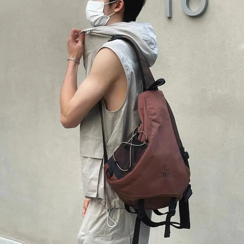 Simples Market brown nylon crossbody bag, unisex travel rucksack with black straps
