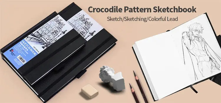 Kneaded eraser gray, 1 pc, shown with crocodile-pattern sketchbooks and pencils