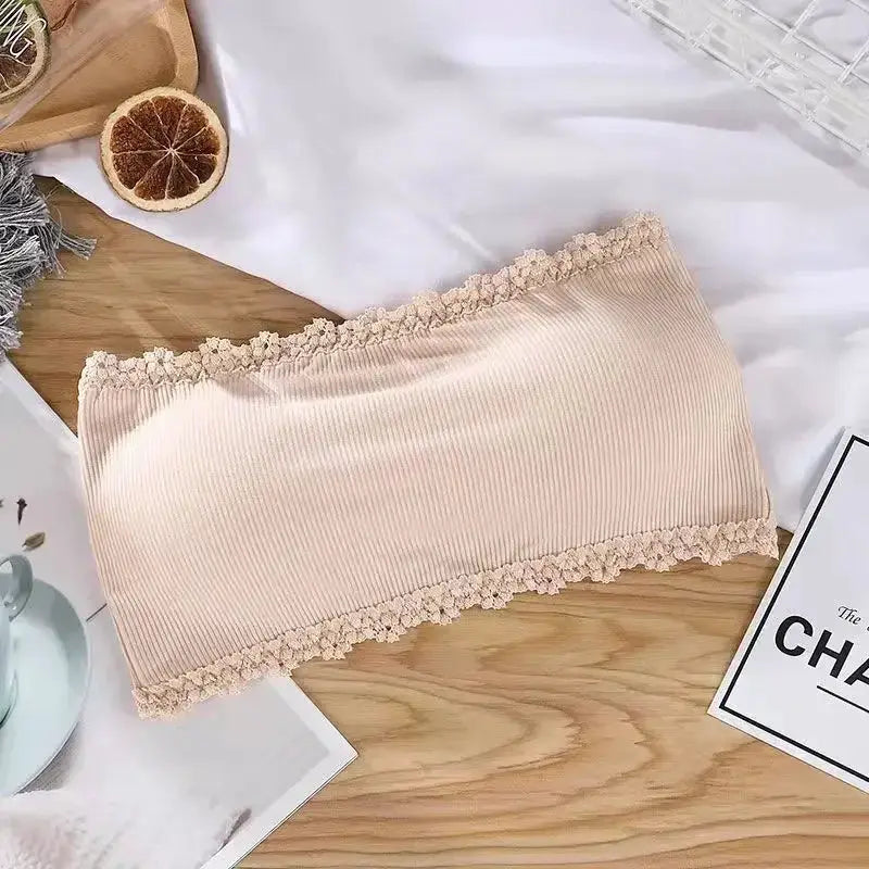Beige lace-trim strapless bandeau bra with ribbed seamless fabric