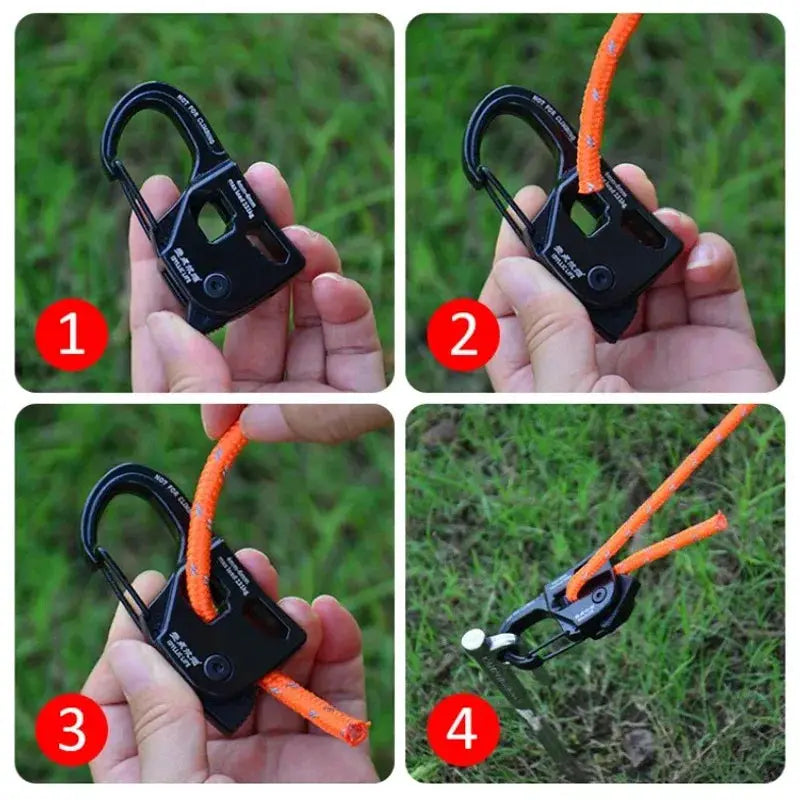 Simples Market aluminum tent rope tensioner, black self-lock rope adjuster for 2–10mm rope, orange rope shown in four-step setup