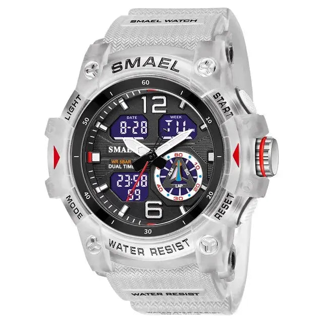 SMAEL sport wristwatch for men with white band, dual time display, LED backlight, alarm/stopwatch, waterproof.