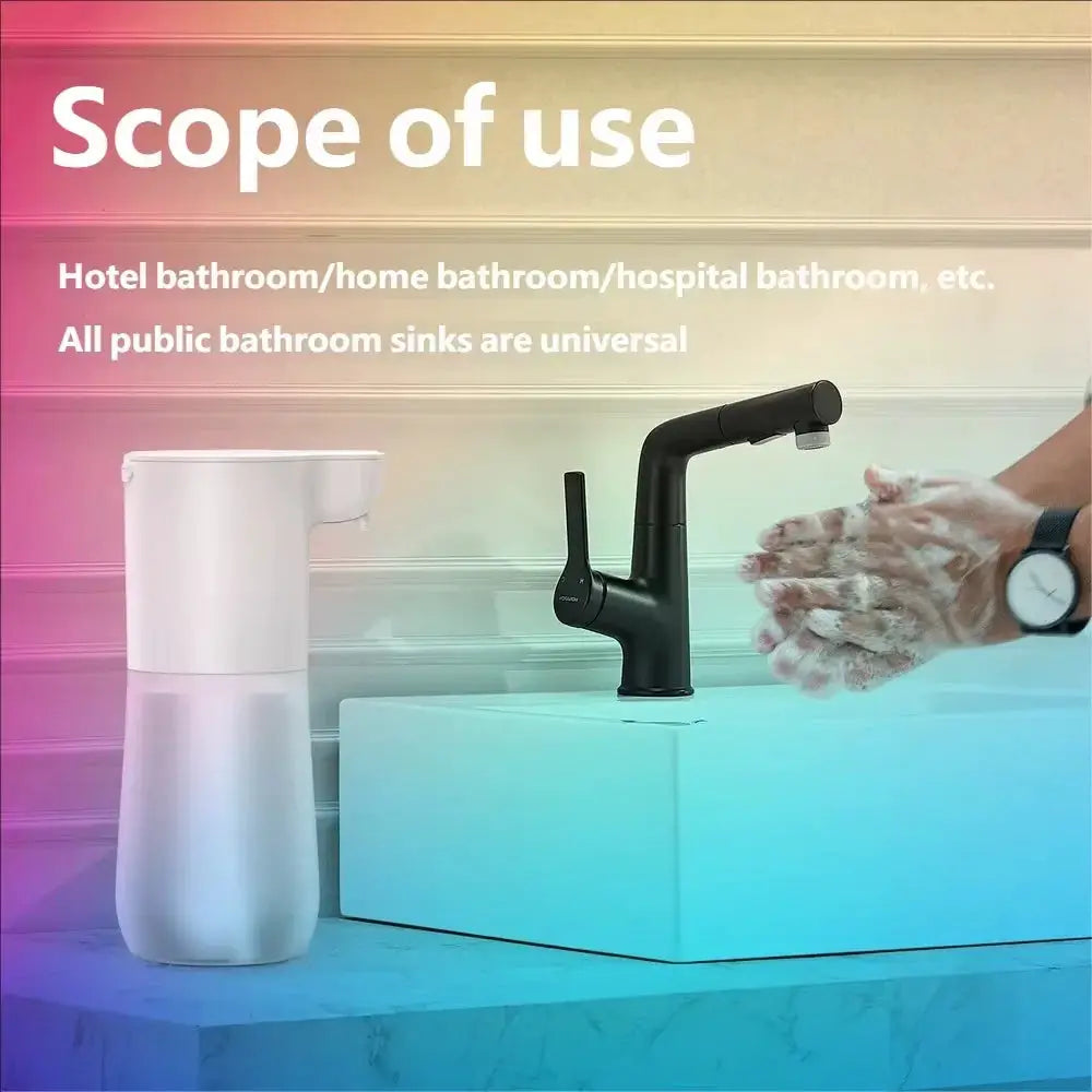 HOMEFISH white automatic soap dispenser (350ml) and black touchless faucet; two items on a blue-lit counter.