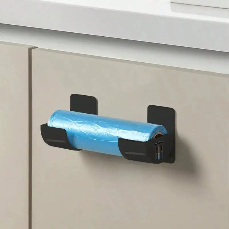 Simples Market punch-free cabinet storage rack for plastic wrap or garbage bags, black with blue roll