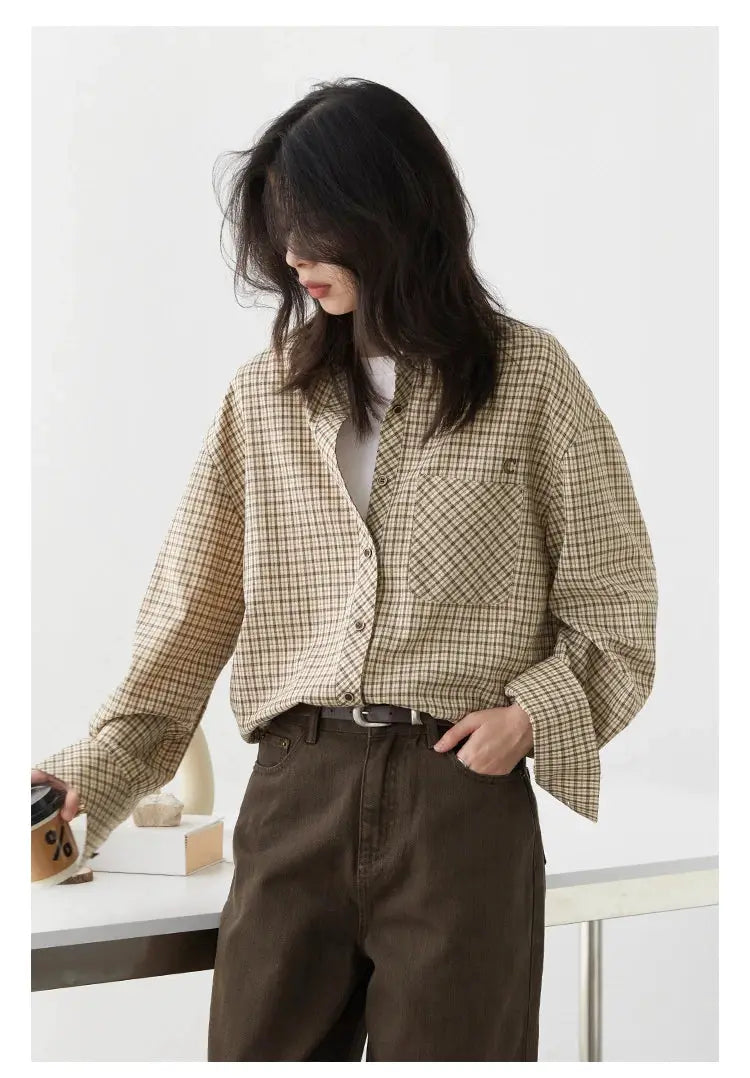 Chic VEN women's beige plaid shirt; loose casual fit, button-down with chest pocket