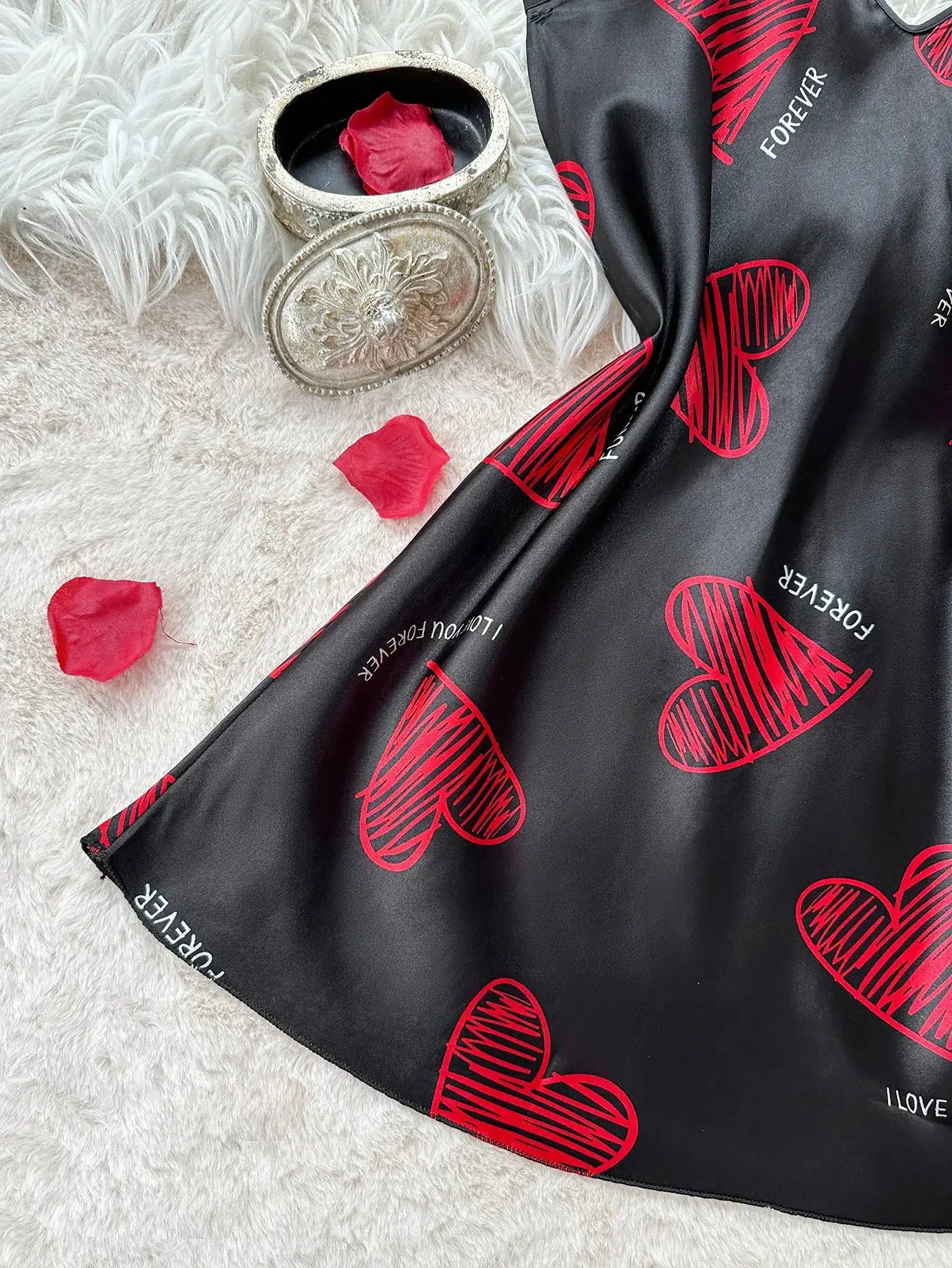 Crimson Kiss Satin Lip Print Slip Nightdress Red V Neck Backless Mini Sleep Dress For Women