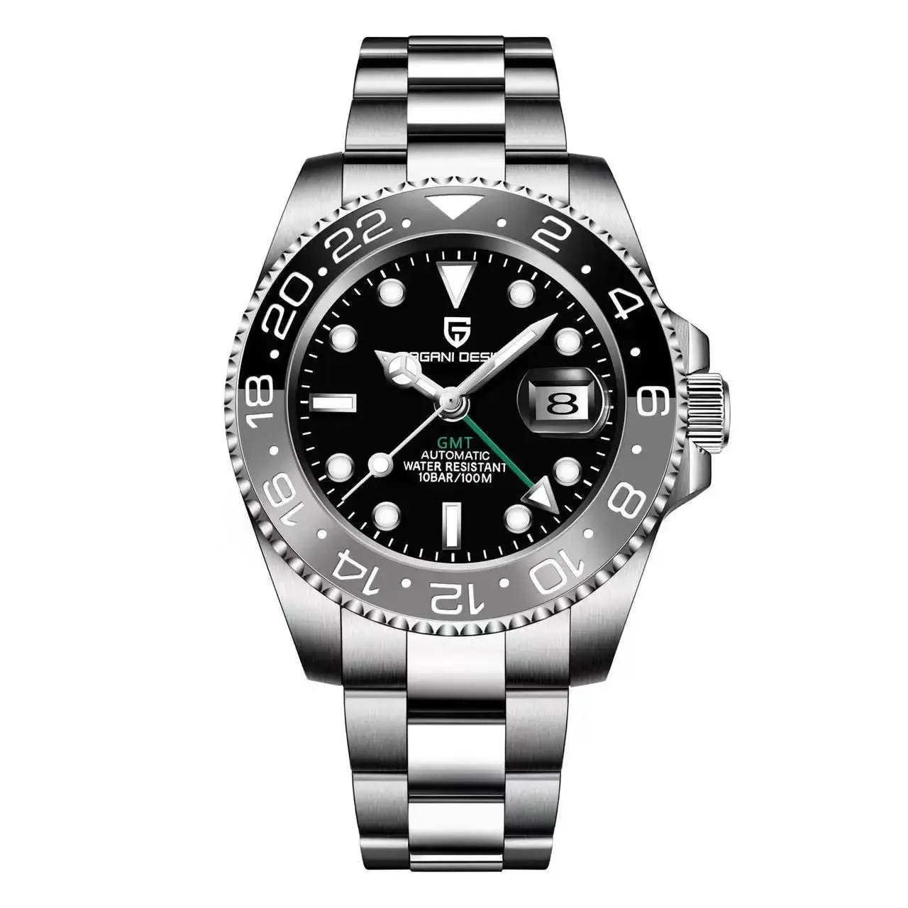 Pagani Design men's stainless steel GMT watch with sapphire glass, black dial, date window