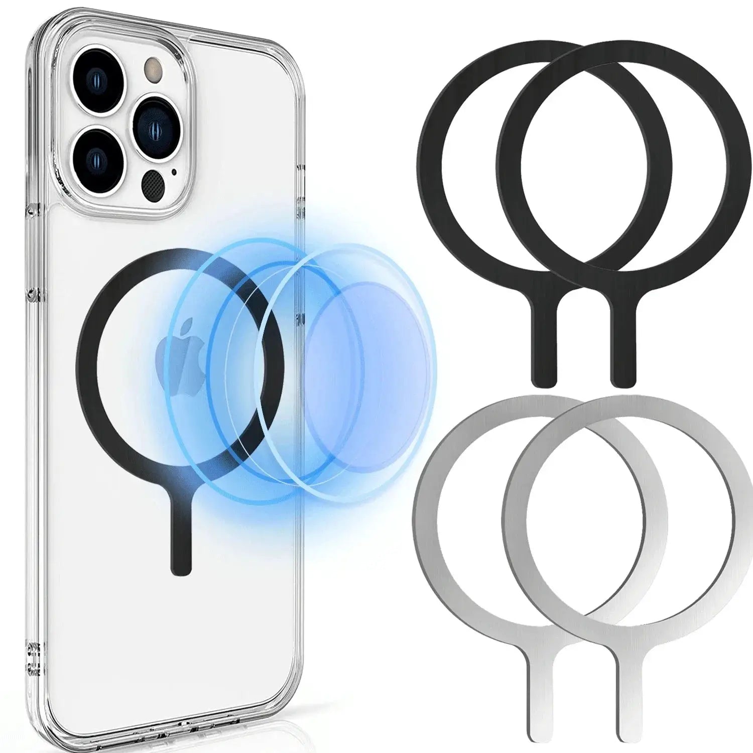 Magnetic adapter rings set for MagSafe iPhone; 4 rings in black and gray for wireless charging